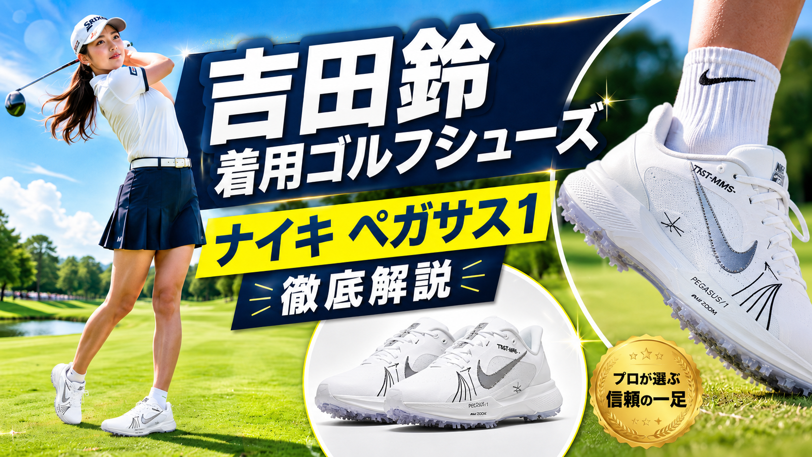 吉田鈴の着用ゴルフシューズ「ナイキ ペガサス1」を徹底解説。ブログ用アイキャッチ画像